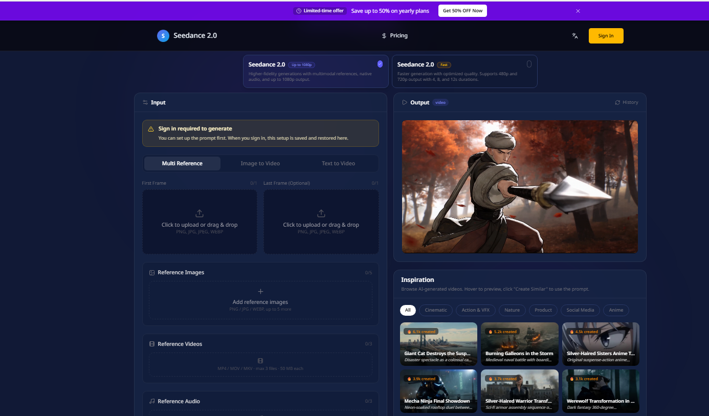 Seedance2Video browser video generator interface