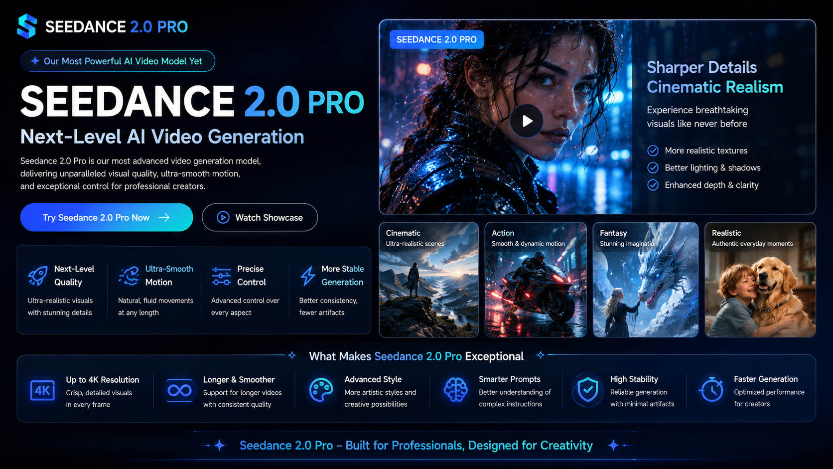Seedance 2.0 Pro AI video generation page — cinematic styles and 4K resolution