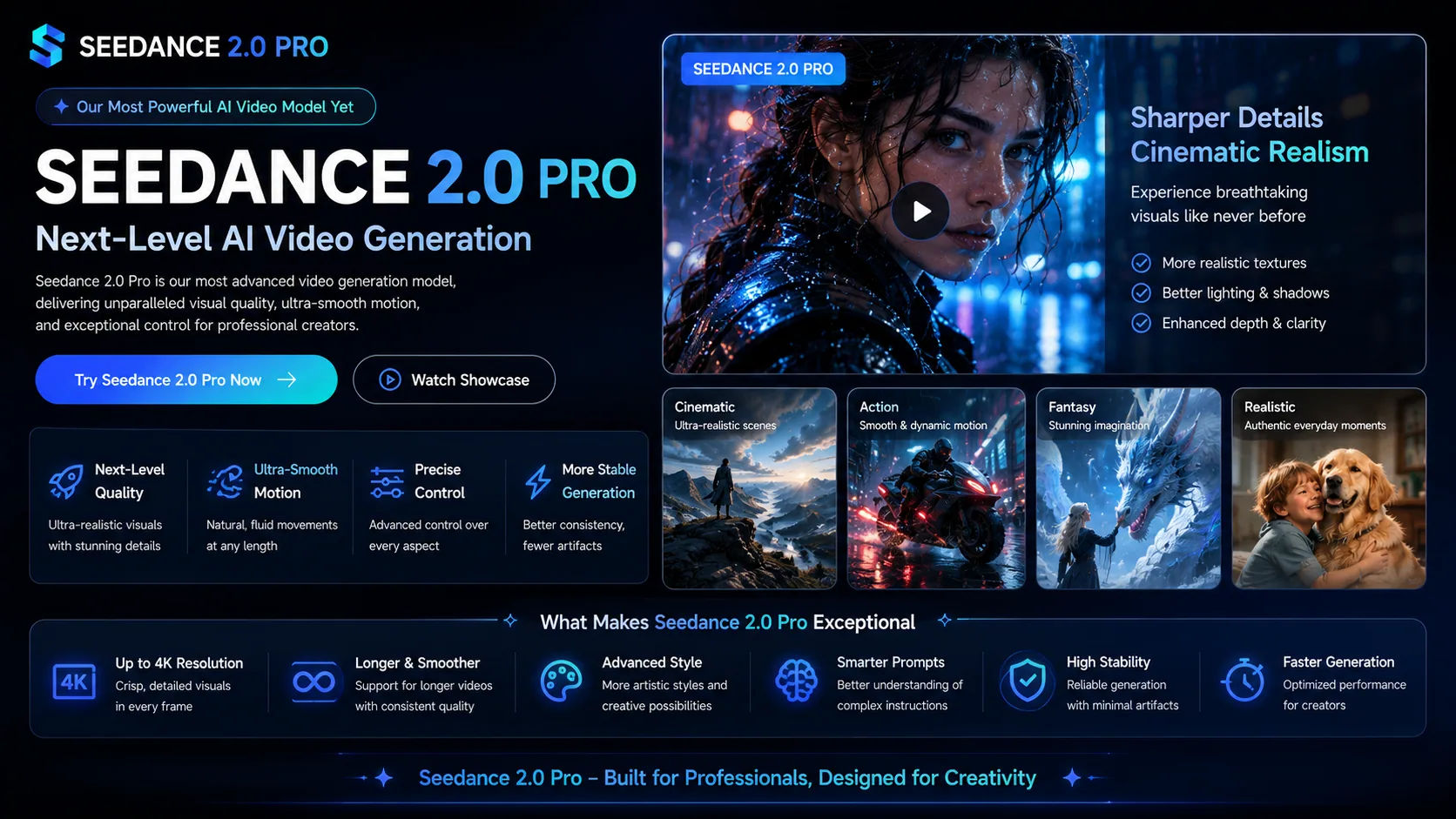 Seedance 2.0 Pro banner — Pro-grade output (1080p, native audio, multi-reference) and how the historical Pro/Lite split was unified into one 2.0 SKU with commercial license on paid plans.