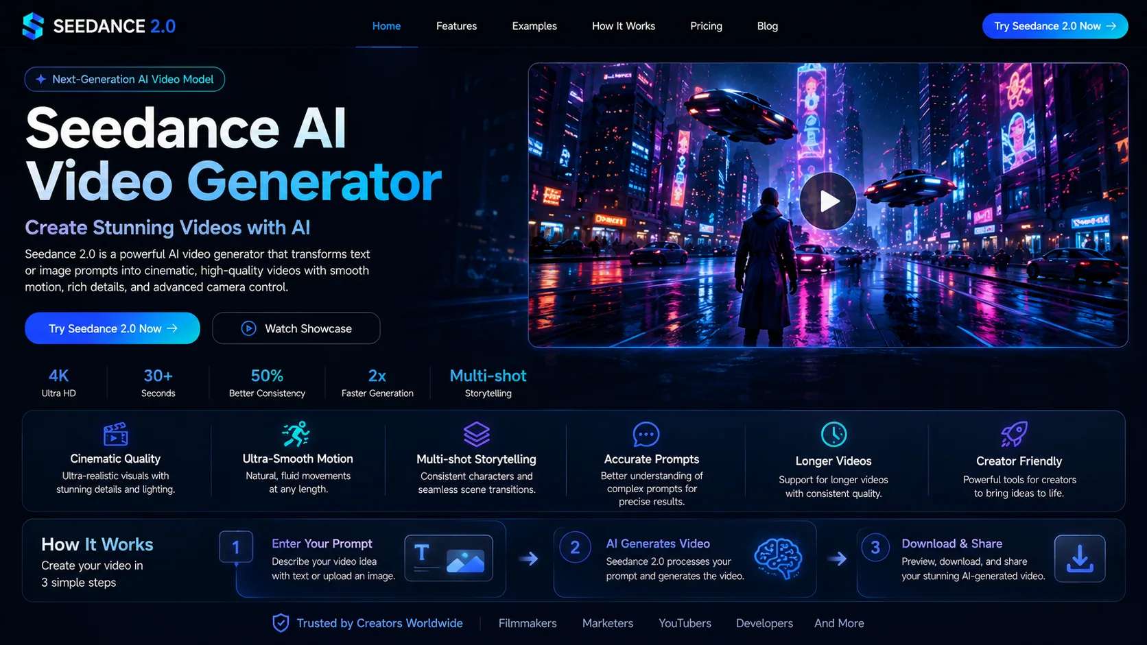 Seedance AI video generator workspace on seedance2-video.com — text-to-video and image-to-video panels, prompt input, model selector, multi-reference upload, and sample gallery.
